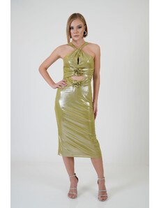Carmen Pistachio Green Rose Detailed Decollete Sandy Evening Dress