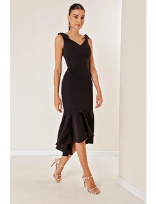 By Saygı Narrow Straps and Linen Short Front Back Long Ruffle Dress Black