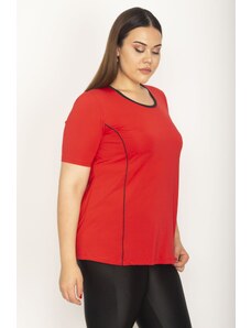 Şans Women's Plus Size Red Collar And Cup Pile Short Sleeve Blouse