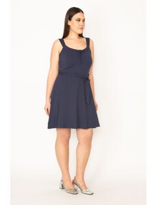 Şans Women's Plus Size Navy Blue Cotton Dress With Straps On The Chest And Bow Detail
