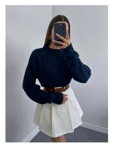 Laluvia Navy Blue Crew Neck Fluffy Sweater