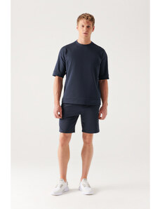 Avva Men's Navy Blue with Side Pockets, Knitted Cotton 2 Threads, Relaxed Fit, Casual Fit, Daily Sports Shorts