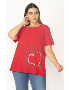 Şans Women's Plus Size Red Cotton Fabric Crewneck Printed Blouse
