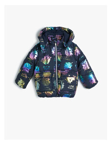 Koton Oversize Puffer Jacket Unicorn Printed Flap Pocket Fleece Lined