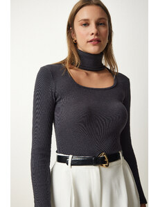 Happiness İstanbul Women's Anthracite Cut Out Detailed Turtleneck Corded Knitted Blouse