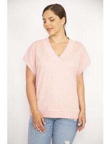 Şans Women's Pink Large Size V-Neck Ribbed Tunic