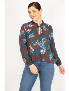 Şans Women's Large Size Colorful Woven Viscose Fabric V-Neck Lace-up Blouse