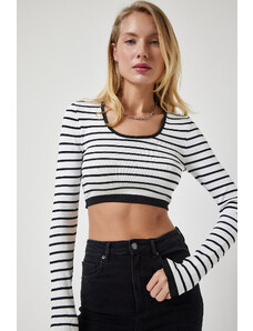 Happiness İstanbul Women's White Striped Ribbed Crop Knitwear Blouse