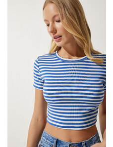 Happiness İstanbul Women's Blue Striped Crop Knitted T-Shirt
