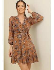By Saygı Double Breasted Neck Lined Floral Chiffon Dress with Tie Waist