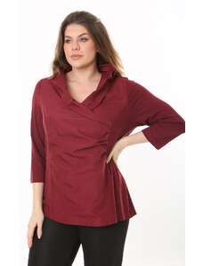 Şans Women's Plus Size Burgundy Collar And Taffeta Fabric Front Blouse