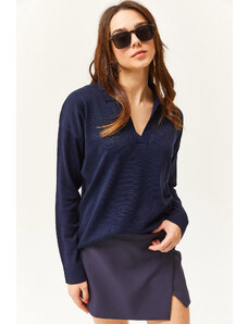 Olalook Women's Navy Blue Polo Neck Fine Knitwear Sweater