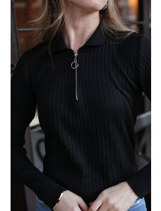 Laluvia Black Half Zipper Corduroy Knit Blouse