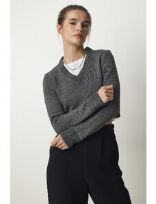 Happiness İstanbul Women's Anthracite V-Neck Crop Knitwear Sweater