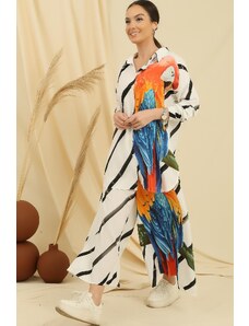 By Saygı Side Slit Tunic Shirt Waist Elastic Pocket Palazzo Trousers Parrot Pattern Oversize Viscose