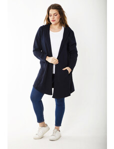 Şans Women's Large Size Navy Blue Hooded Cardigan with Cup and Vep Detail