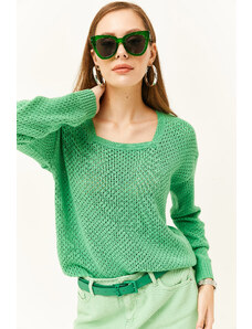 Olalook Dámský zelený čtvercový výstřih prolamovaný pletený svetr