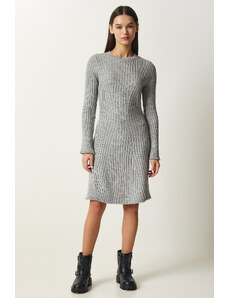 Happiness İstanbul Women's Gray Ribbed A-Line Knitwear Dress