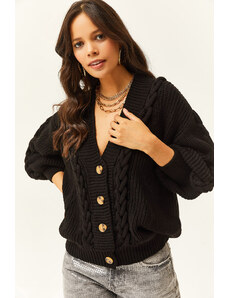 Olalook Women's Black Knitted Detailed Buttoned Knitwear Cardigan