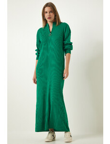 Happiness İstanbul Women's Green Zipper Collar Ribbed Long Knitwear Dress