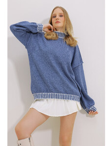 Trend Alaçatı Stili Women's Blue Turtleneck Striped Oversize Sweater
