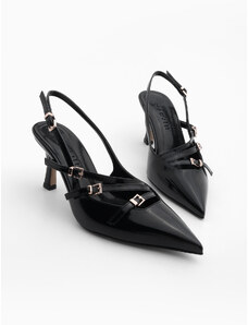 Marjin Women's Stiletto Pointed Toe Tri-Strip Belt Detail Open Back Heeled Shoes Bevil Black Patent Leather