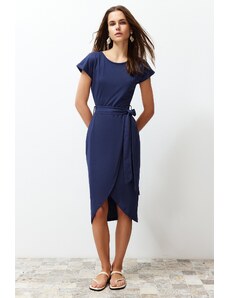 Trendyol Navy Blue 100% Cotton Double Breasted Closure Belt Detailed Midi Knitted Maxi Dress