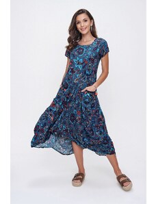 By Saygı Floral Pattern Tasseled Double Pocket Asymmetric Dress Blue