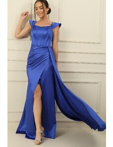 By Saygı Rope Straps Off Shoulders Underwire Lined Satin Long Dress with Side Slit
