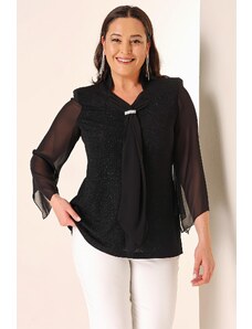 By Saygı Silvery Plus Size Blouse with Kerchief Collar