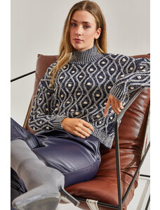 Bianco Lucci Women's Turtleneck Patterned Knitwear Sweater