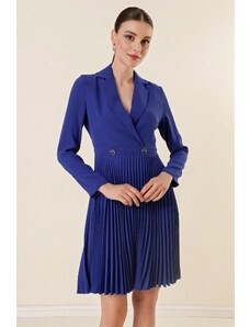 By Saygı Double-breasted Collar Button Detailed Pleated Long Sleeve Dress in Saks.