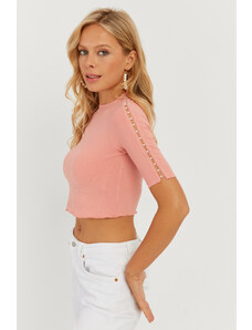 Cool & Sexy Women's Powder Sleeve Pearls Crop Blouse