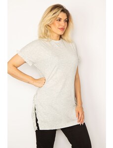 Şans Women's Plus Size Gray Cotton Fabric Tunic with Side Slits