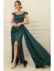 By Saygı Rope Straps Off Shoulders Underwire Lined Satin Long Dress with Side Slit