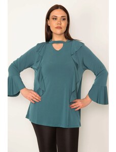 Şans Women's Plus Size Green Collar And Flounce Detailed Blouse