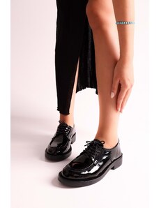 Shoeberry Women's Visby Black Crinkled Patent Leather Lace Up Loafer Black Crinkled Patent Leather