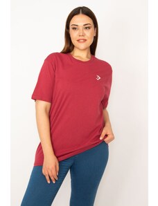 Şans Women's Plus Size Claret Red Crew Neck Short Sleeve Basic Blouse