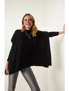 Happiness İstanbul Black High Neck Slit Knitwear Poncho Sweater