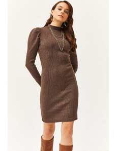 Olalook Women's Bitter Brown Half Turtleneck Princess Sleeve Raised Mini Dress