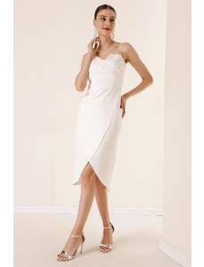 By Saygı Single Strap Embroidered Front Draped Lined Dress Ecru