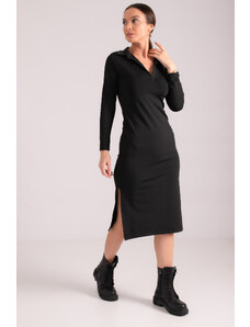 armonika Women's Black Fitted Shirt Collar Long Sleeve Dress