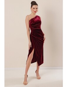 By Saygı One Shoulder Front Gathered Velvet Dress Claret Red