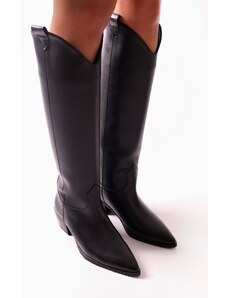 Shoeberry Women's Meot Black Leather Heels Western Rider Boots Black Leather.