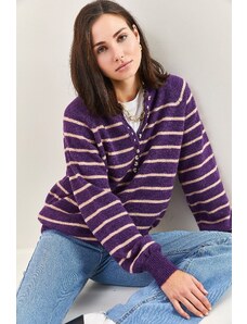 Bianco Lucci Women's Buttoned Neck Turtleneck Striped Knitwear Sweater