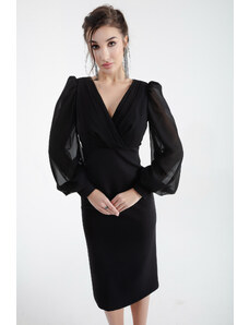 Lafaba Women's Black Double Breasted Neck Midi Evening Dress