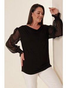 By Saygı Plunging Collar Sleeves Tulle is a Comfortable Fit Blouse Black.