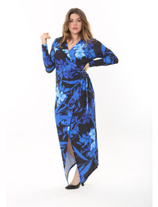 Şans Women's Plus Size Saxe Blue Shirt Collar Closed Wrap-Around Long Dress