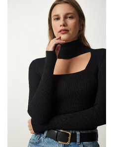Happiness İstanbul Women's Black Cut Out Detailed Stand Collar Ribbed Knitwear Sweater