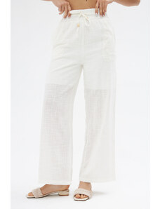 Laluvia White Elastic Waist Linen Trousers